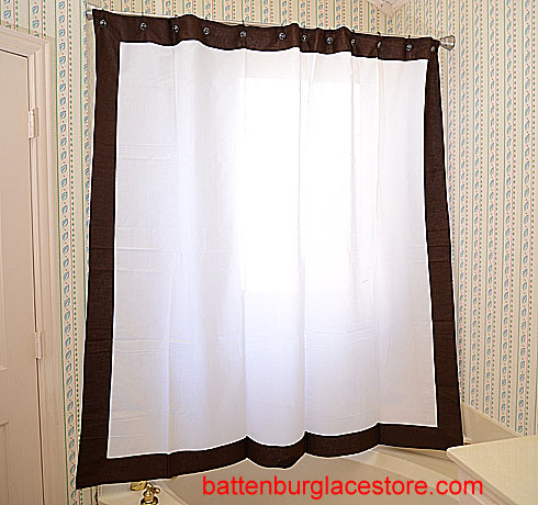 Shower Curtain. White with French Roast border - Click Image to Close